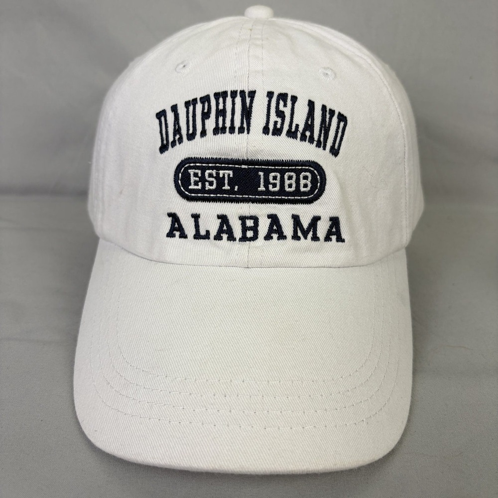 DK Caps Baseball Hat Dauphin Island AL Unisex OSFA White Brass Buckle